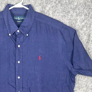 Ralph Lauren Linen Shirt Mens XL Blue Classic Fit Short Sleeve Button Down Logo